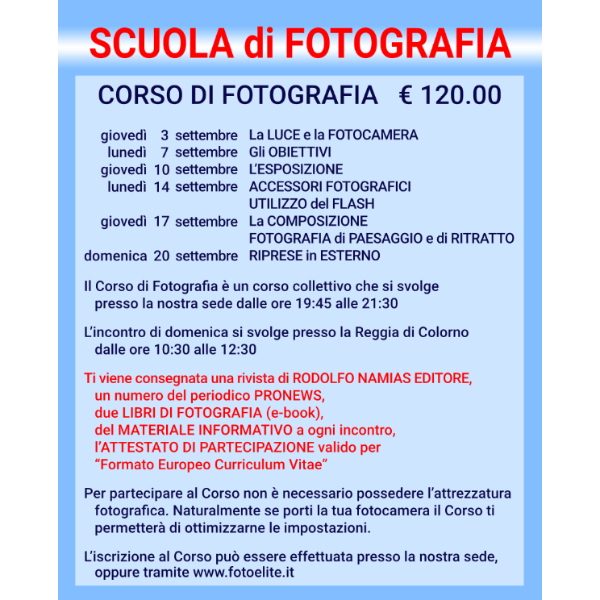 CORSO DI FOTOGRAFIA<br>SETTEMBRE 2026
